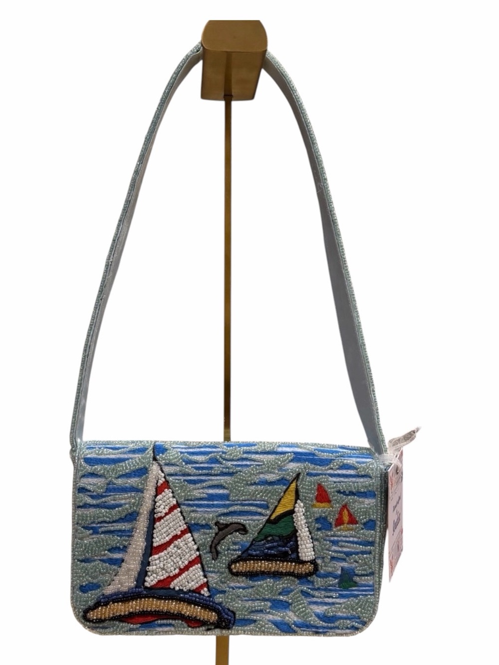 Beaded Sailboat Shoulder Bag in Light Blue